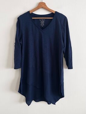 Chico’s mixed media high v-neck 3/4 sleeve navy cotton blend tunic large